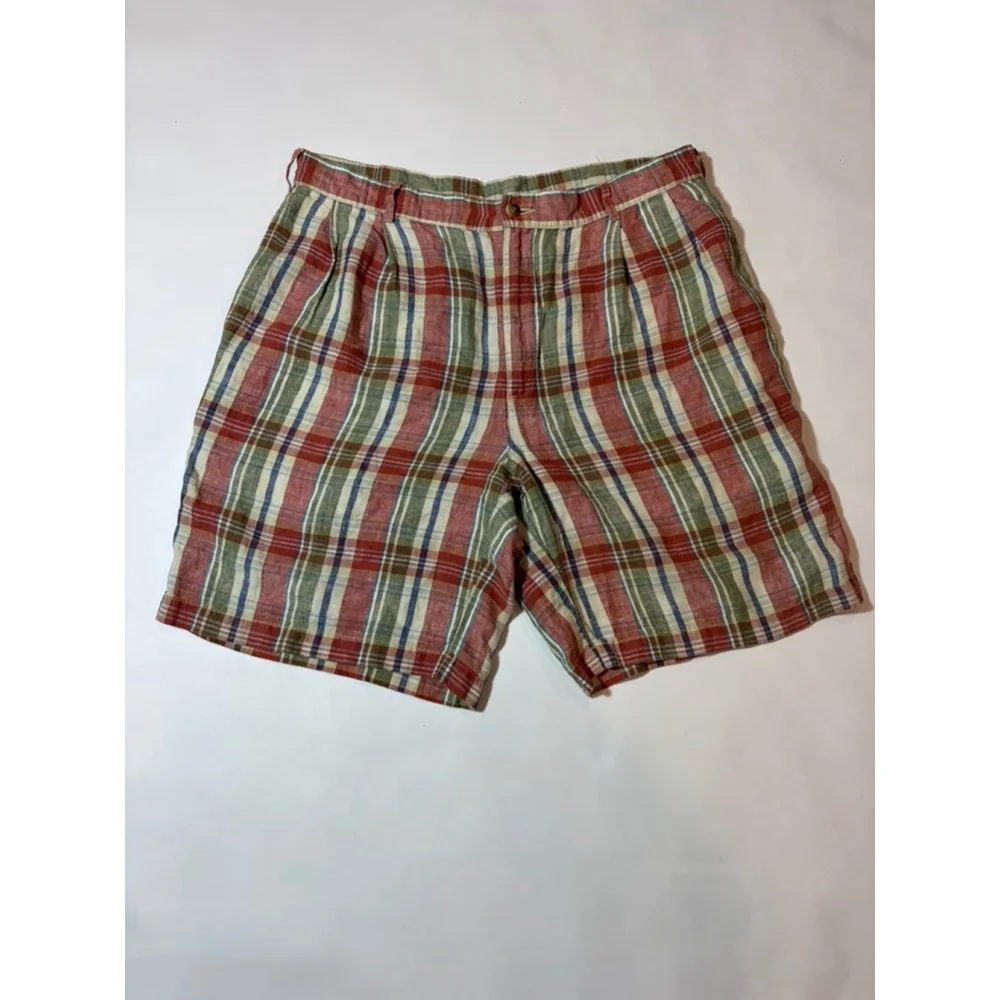 Lands End Linen Shorts Mens 36 Plaid Vintage Prep Summer Lightweight